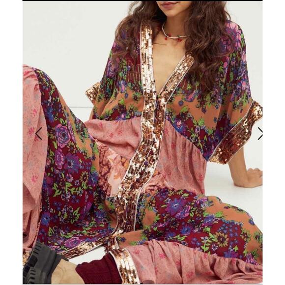 NWT Free People One Fine Day Maxi Duster Kimono Large Sheer Sequin Tiered Dress - Picture 3 of 8